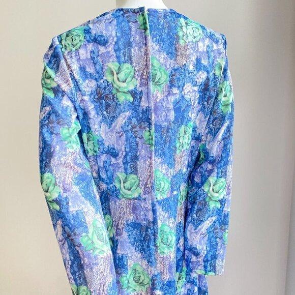 Vintage Abstract Floral Rose print Blue Green Long  Sleeve Maxi M - Picture 8 of 8